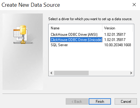 Диалог Create New Data Source с выбранным ClickHouse Unicode Driver